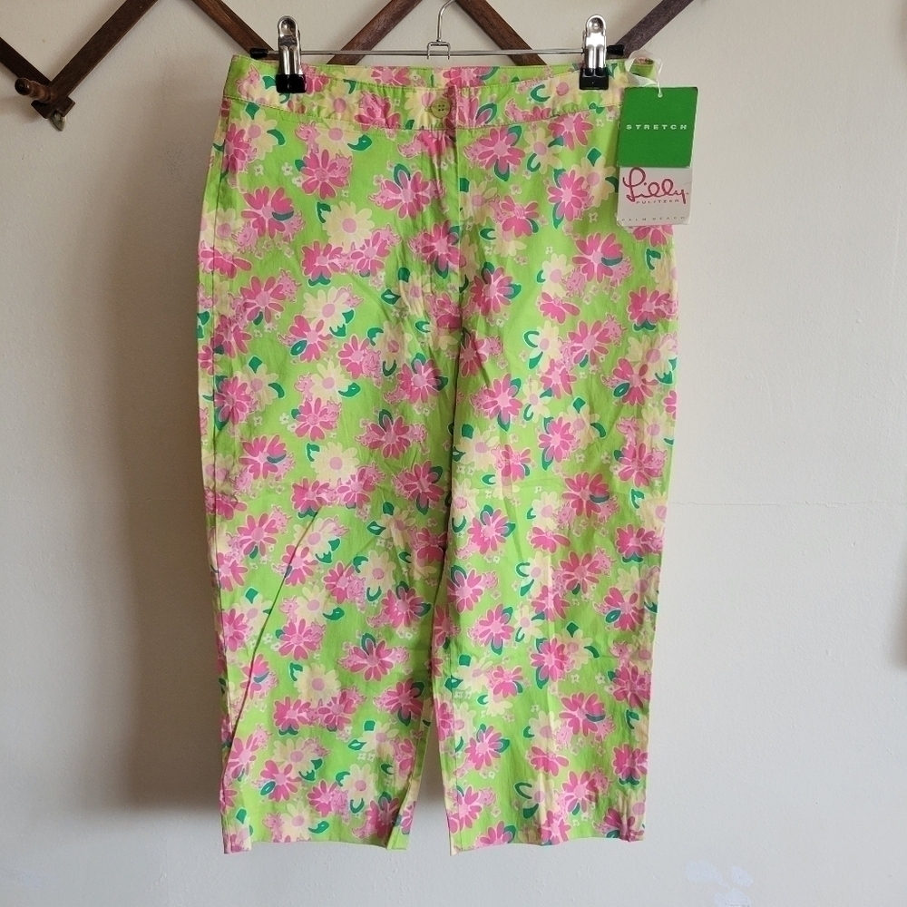 NWT Vintage Lilly Pulitzer Lilly Capri Neon Green Pink Floral Stretchy XS 0